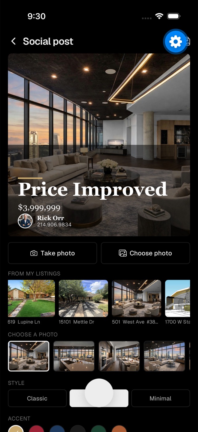 Social post builder rendering a Price Improved post from live MLS photos