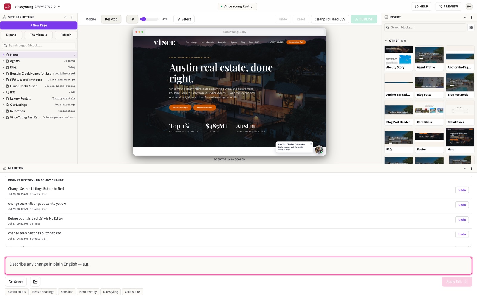 The Savvy Studio AI editor on a live customer site: natural-language edits, prompt history with one-click undo, instant preview